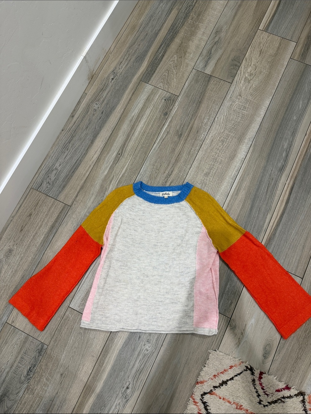 STAUD Kids Colorblock Raglan Sweater in White, Pink, Mustard & Blue